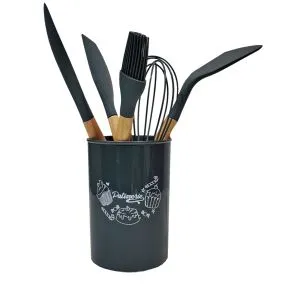 CJ 5 UTENSILIOS PARA COZINHA DE SILICONE COM SUPORTE CINZA