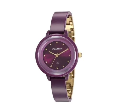 KIT RELÓGIO MONDAINE FEMININO ROXO COM PULSEIRA DOURADA