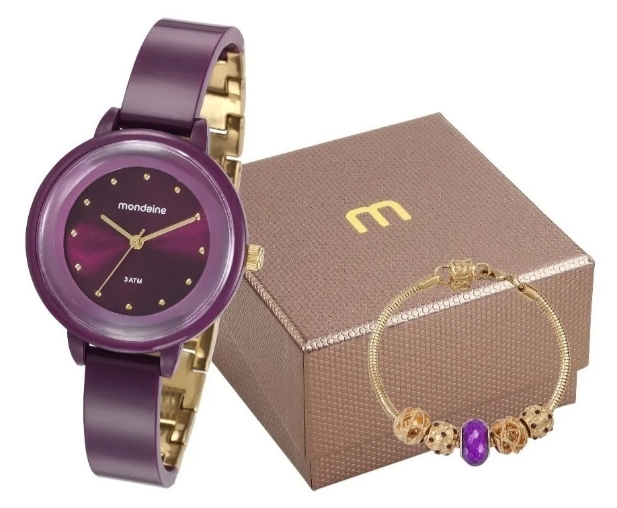 KIT RELÓGIO MONDAINE FEMININO ROXO COM PULSEIRA DOURADA