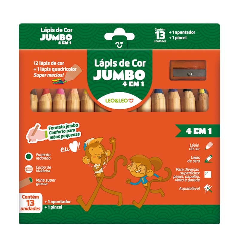 KIT LÁPIS DE COR COM 13 CORES JUMBO 4 EM 1 C/ APONTADOR E PINCEL LEOELEO