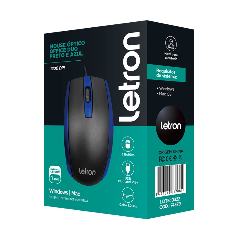 MOUSE ÓPTICO OFFICE DUO PRETO E AZUL FIO USB ERGONÔMICO 3D LETRON