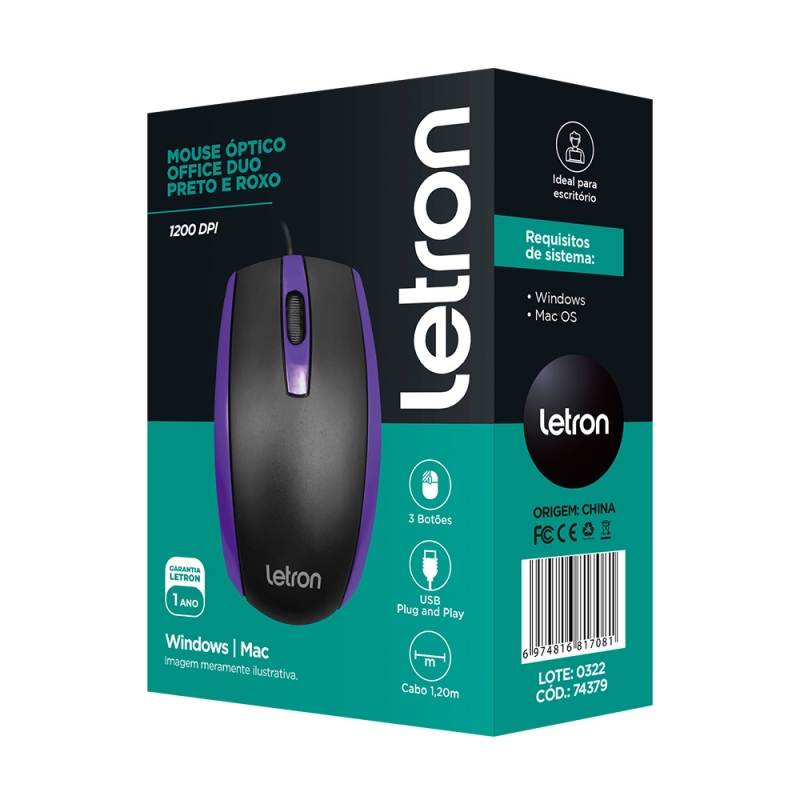 MOUSE ÓPTICO OFFICE DUO PRETO E ROXO FIO USB ERGONÔMICO 3D LETRON