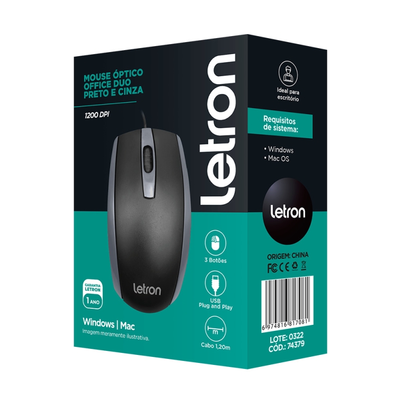 MOUSE ÓPTICO OFFICE DUO PRETO E CINZA FIO USB ERGONÔMICO 3D LETRON
