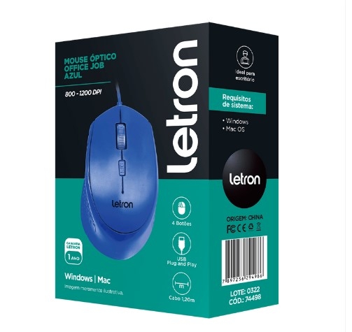 MOUSE ÓPTICO OFFICE JOB AZUL FIO USB ERGONÔMICO 4D LETRON