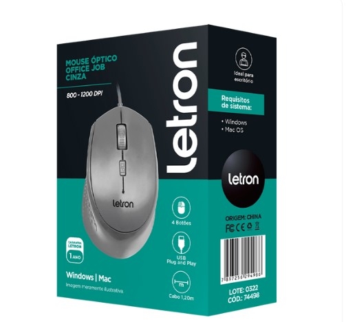 MOUSE ÓPTICO OFFICE JOB CINZA FIO USB ERGONÔMICO 4D LETRON