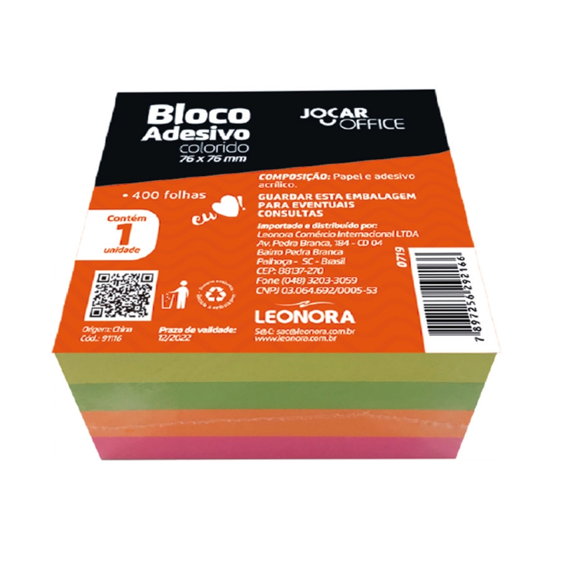 BLOCO ADESIVO CUBO COLORIDO 76MMX76MM 400F JOCAR OFFICE
