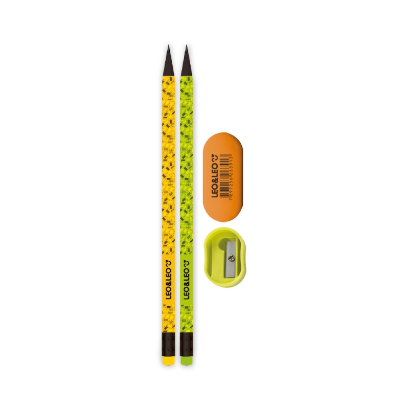 KIT Lápis HB Neon Eco 2 lápis/ apontador/ borracha Leo&leo