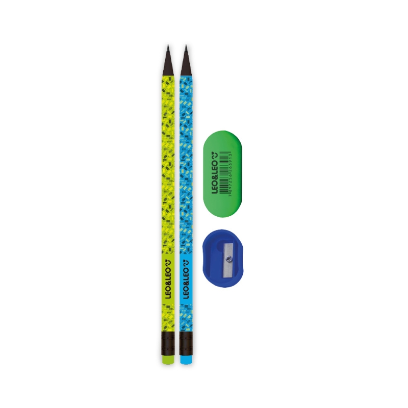 KIT Lápis HB Neon Eco 2 lápis/ apontador/ borracha Leo&leo