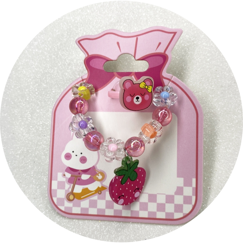 CONJUNTO INFANTIL PULSEIRA E ANEL DE PLÁSTICO COR DE ROSA