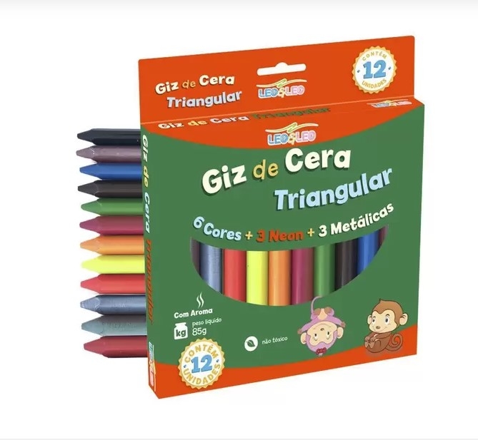 GIZ DE CERA TRIANGULAR 12 CORES PELE, NEON E METÁLICO - LEO&LEO