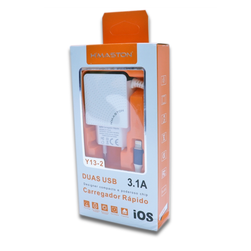 CARREGADOR PARA CELULAR CARGA RÁPIDA 2 SAÍDAS USB CABO MICRO USB V8 3.1A H'MASTON Y13-2 BRANCO REF:Y13-2
