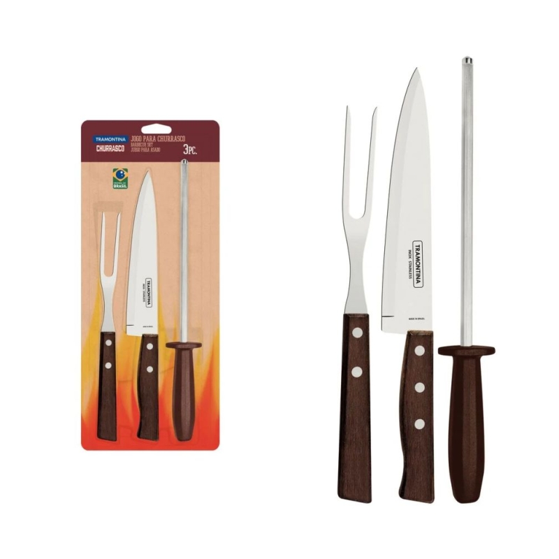 JOGO PARA CHURRASCO 3 PEÇAS TRADICIONAL - SORTIDOS COM LÂMINAS AÇO E CABO DE MADEIRA