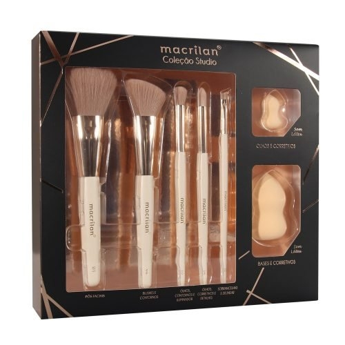 KIT CS100 PINCEL COM 5 PINCÉIS E 2 ESPONJAS PARA MAQUIAGEM MACRILAN