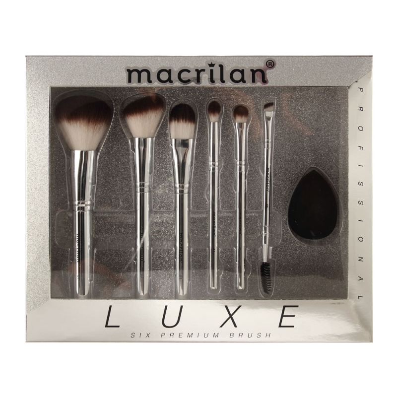 KIT LUXE COM 6 PINCÉIS PROFISSIONAIS E 1 ESPONJA PARA MAQUIAGEM MACRILAN