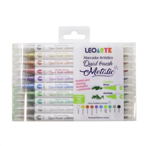  MARCADOR ARTISTICO DUAL BRUSH METALIC 10 CORES LEOARTE 				