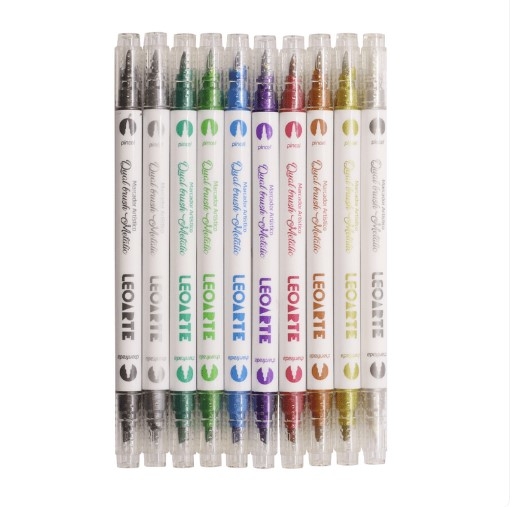  MARCADOR ARTISTICO DUAL BRUSH METALIC 10 CORES LEOARTE 				