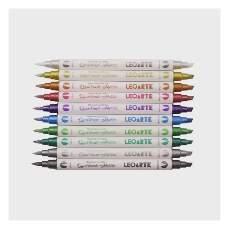 MARCADOR ARTISTICO DUAL BRUSH METALIC 10 CORES LEOARTE 				