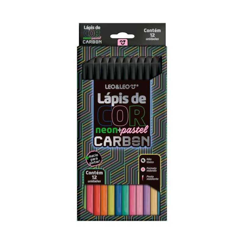 LÁPIS DE COR CARBON 12 NEON+PASTEL REDONDO LEOLEO 