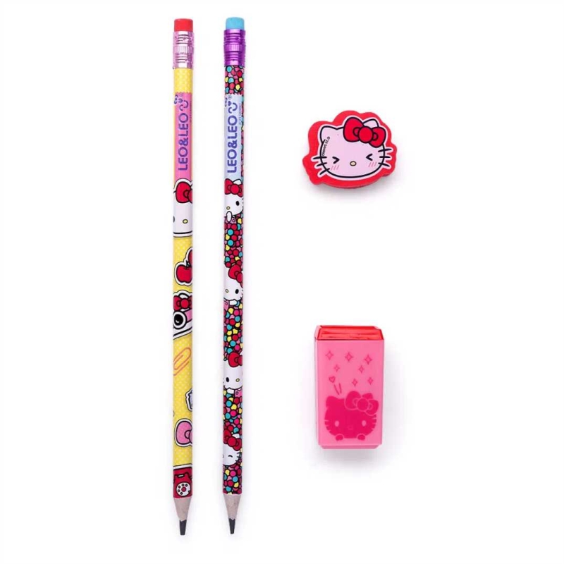 KIT 2 LÁPIS HB + APONTADOR + BORRACHA DA HELLO KITTY