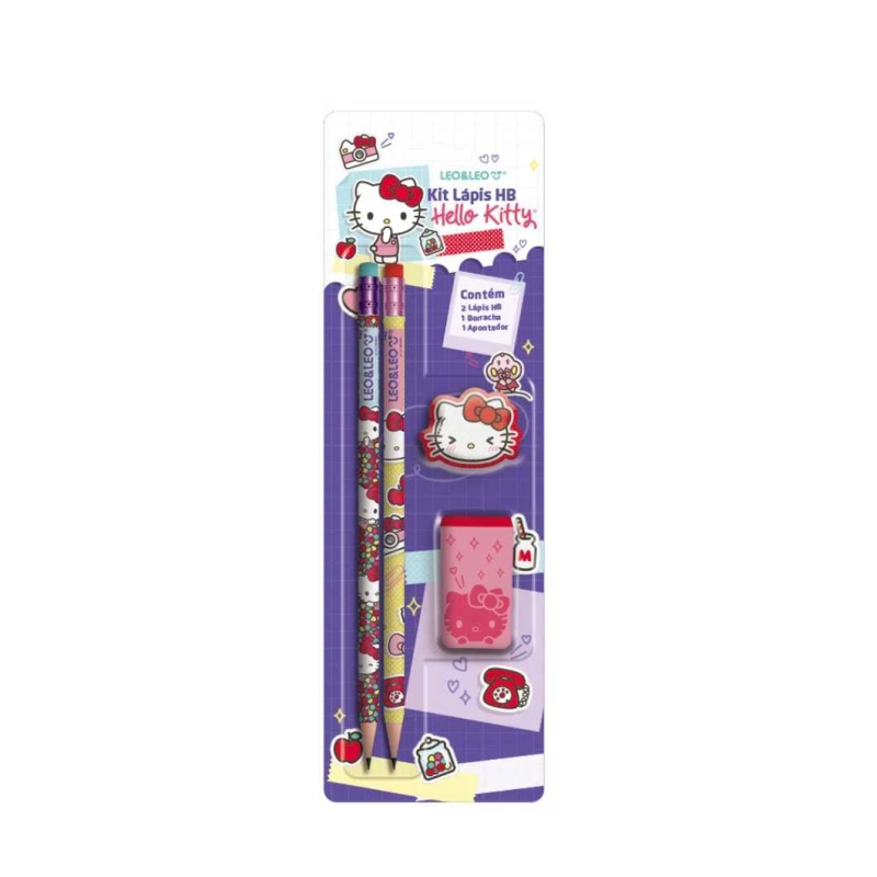KIT 2 LÁPIS HB + APONTADOR + BORRACHA DA HELLO KITTY