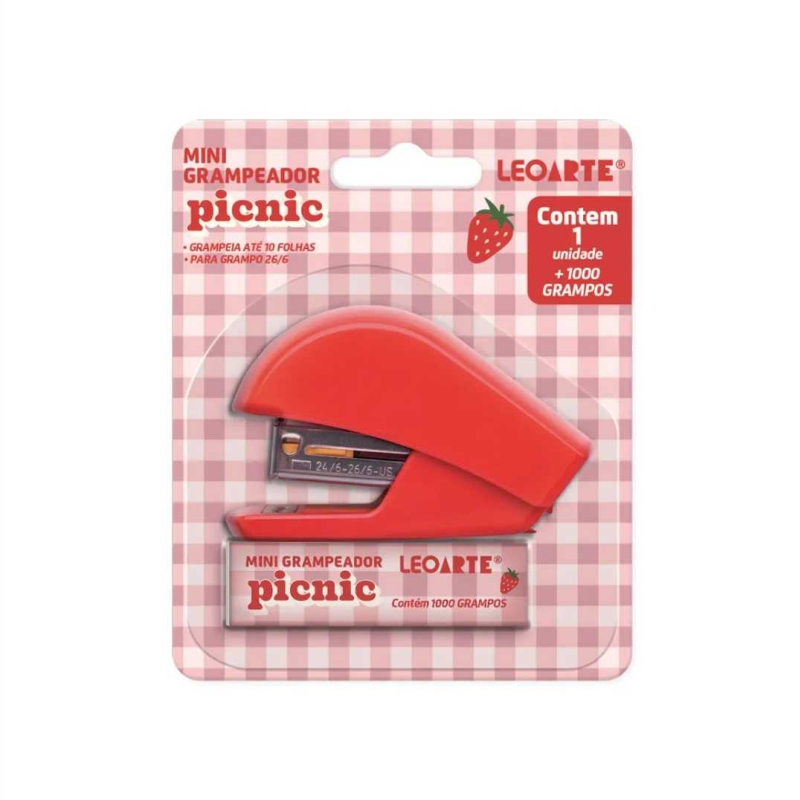 GRAMPEADOR MINI PICINIC VERMELHO P/ 10 FOLHAS C/ 1000 GRAMPOS 