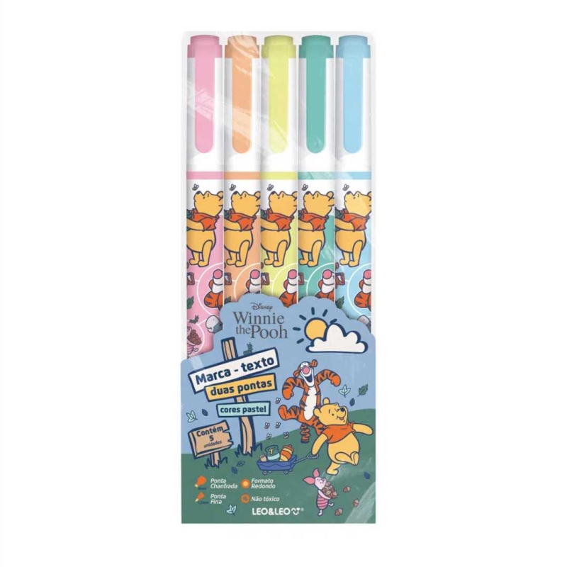 MARCA TEXTO DUAS PONTAS CORES PASTEL URSINHO POOH - ESTOJO C/ 5 CORES 