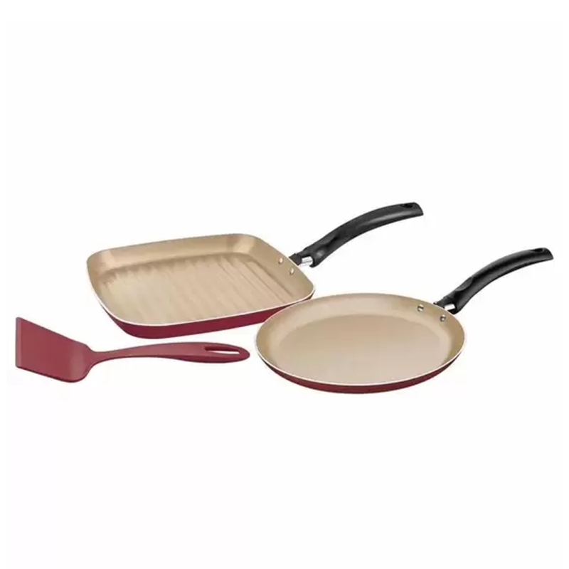 JOGO BISTEQUEIRA/PANQUEQUEIRA 3 PEÇAS TURIM VERMELHO-SORTIDOS ALUMINIO COM REV ANTIADERENTE
