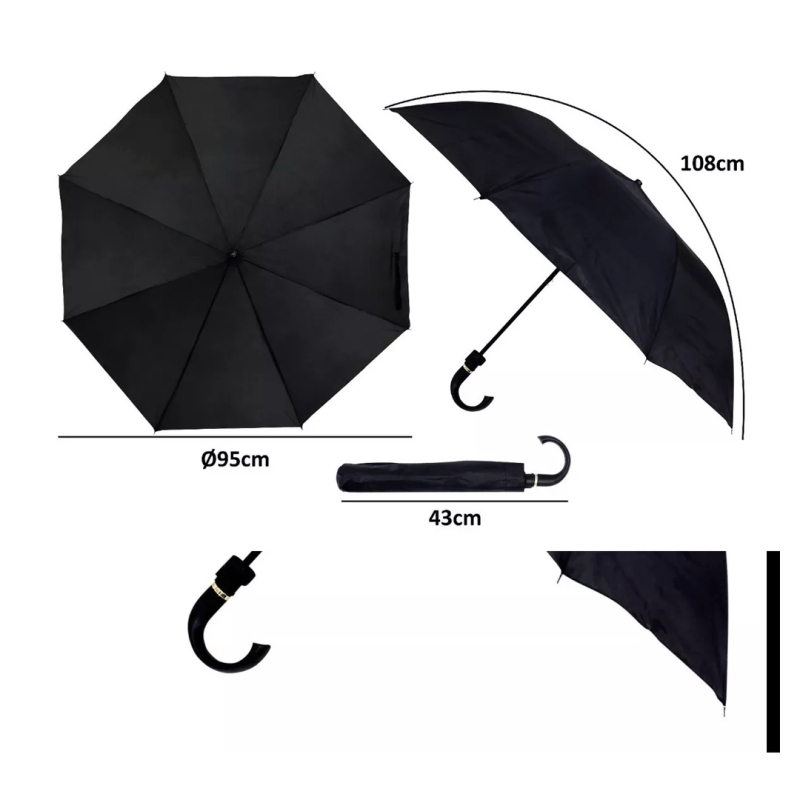GUARDA CHUVA BENGALA PRETO AUTOMATICO EM POLIESTER 95CM