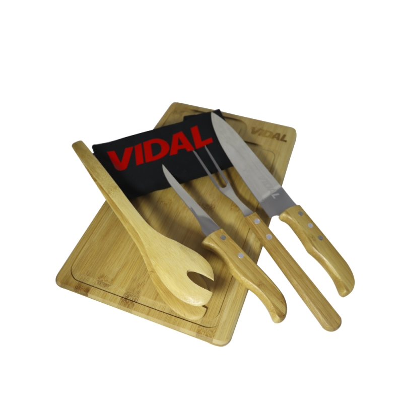 KIT PARA CHURRASCO EM BAMBU / INOX COM AVENTAL - 6 PEÇAS