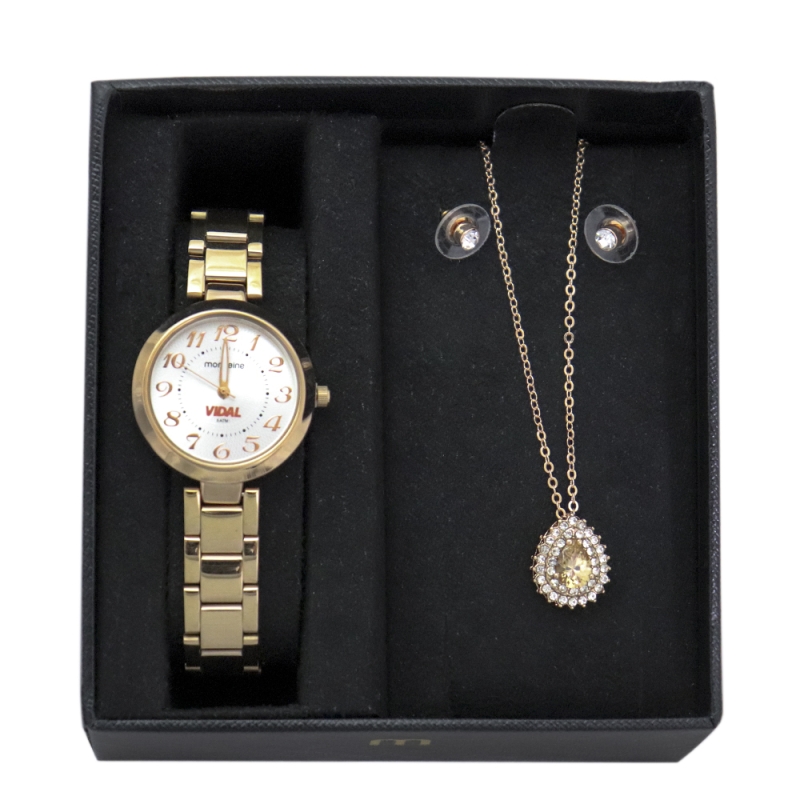 RELÓGIO DE PULSO MONDAINE EM AÇO ROSÉ PERSONALIZADO + CONJUNTO METAL ROSE COM PINGENTE GOTA DE PEDRA AMARELA