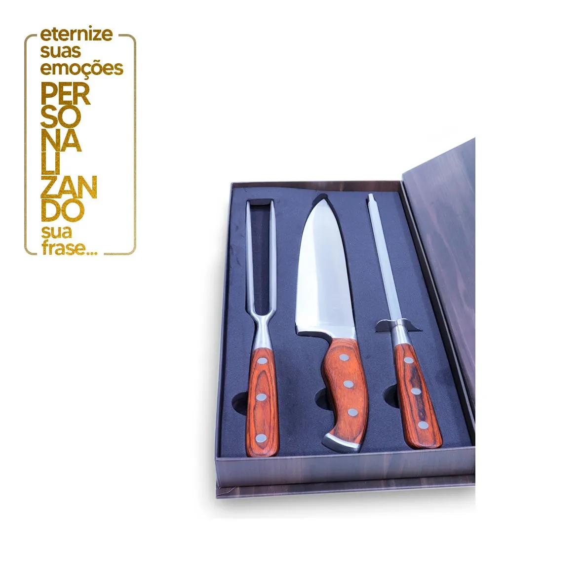 CONJUNTO CHURRASCO 8" GARFO, FACA E CHAIRA STEEL 3 PEÇAS