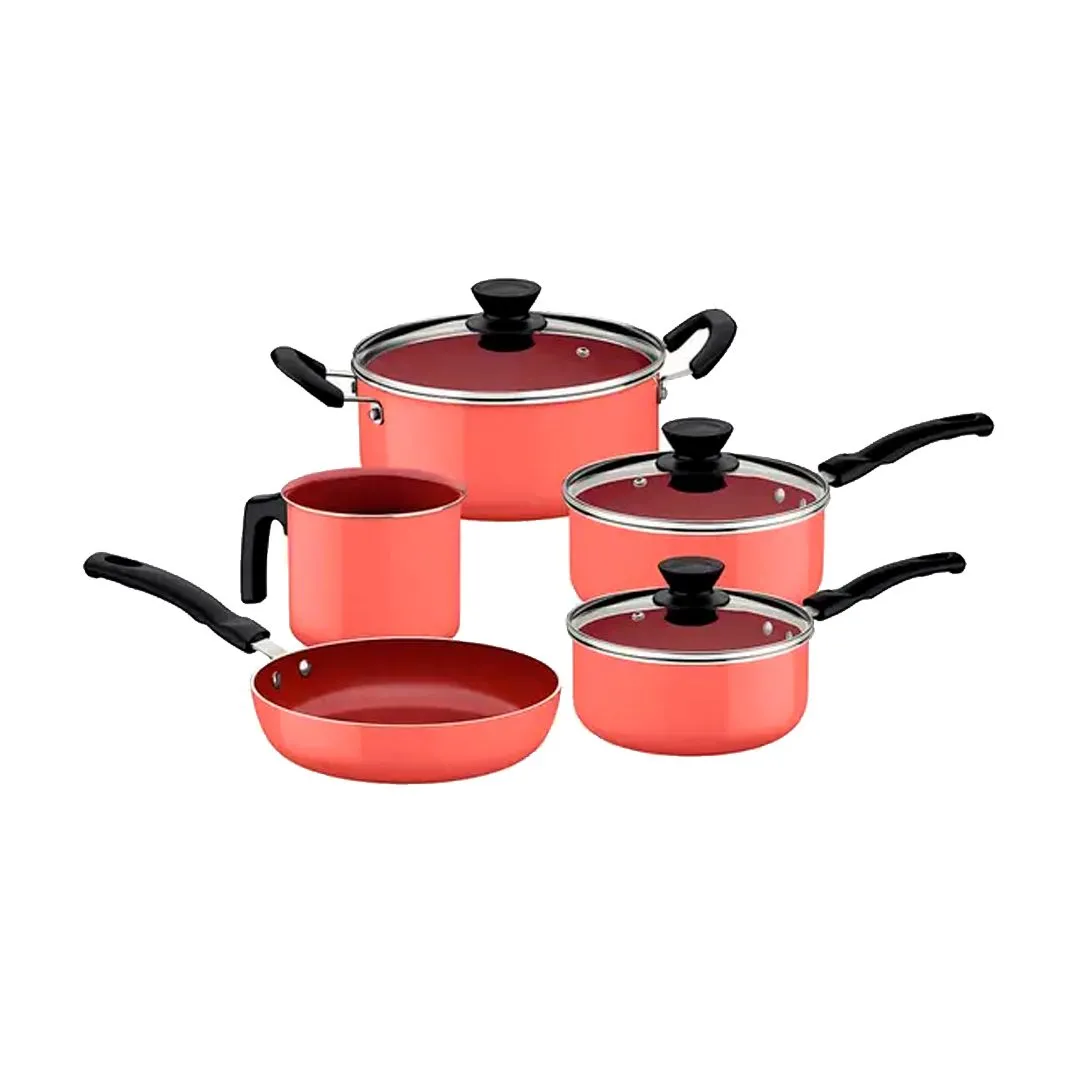JOGO DE PANELAS 5PCS EVORA CORAL- SORTIDOS DE ALUMÍNIO COM REV. CERÂMICO E SILICONE