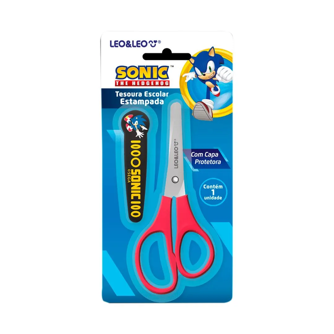 TESOURA ESCOLAR ESTAMPADA COM CAPA SONIC- BLISTER C/ 1UND LEO