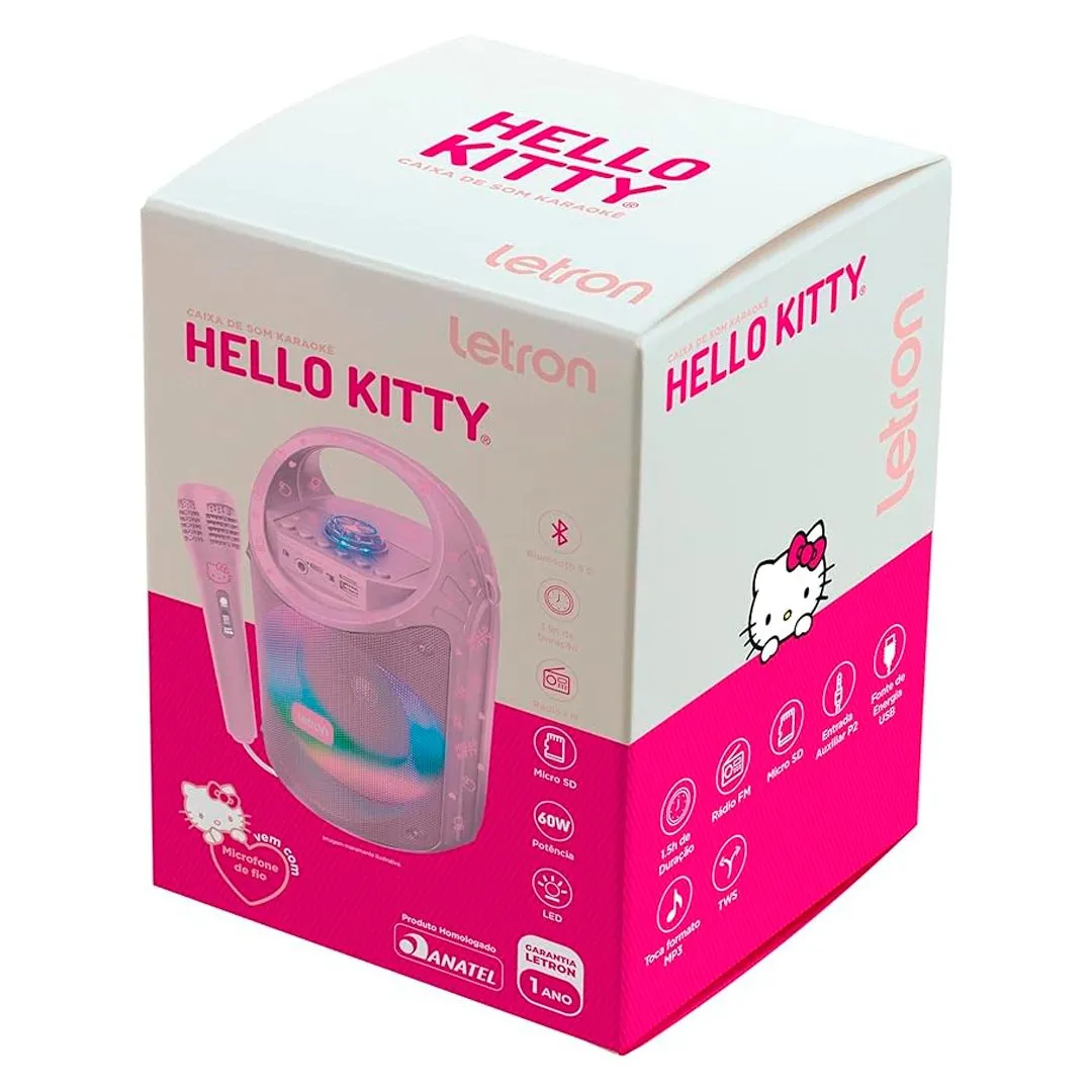 CAIXA DE SOM HELLO KITTY C/ MICROFONE LED MULTIMIDIA 60W LETRON