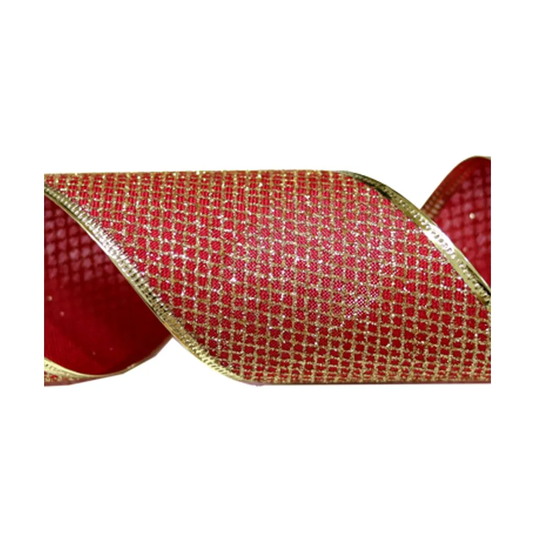 FITA ARAMADA GRADE VERMELHO DOURADO COM GLITTER 6,3CM X 9,14M