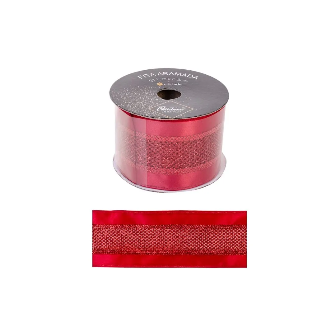FITA ARAMADA VERMELHO COM RENDA 6,3CM X 9,14M