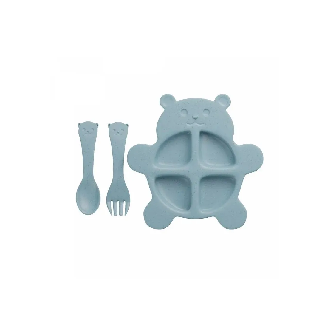 CONJUNTO DE PRATO COM 2 TALHERES DE BAMBU E PP BEAR AZUL
