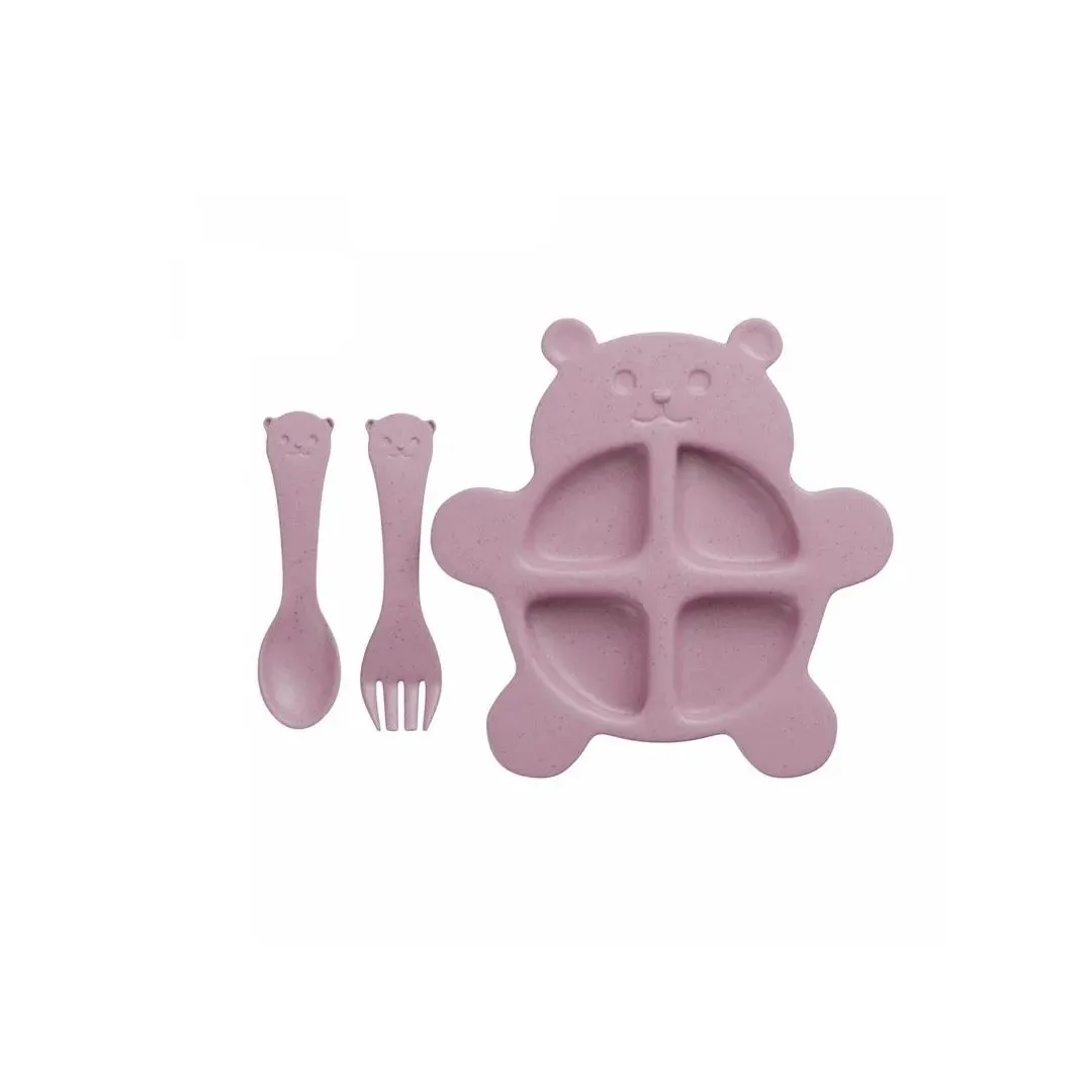 CONJUNTO DE PRATO COM 2 TALHERES DE BAMBU E PP BEAR ROSA