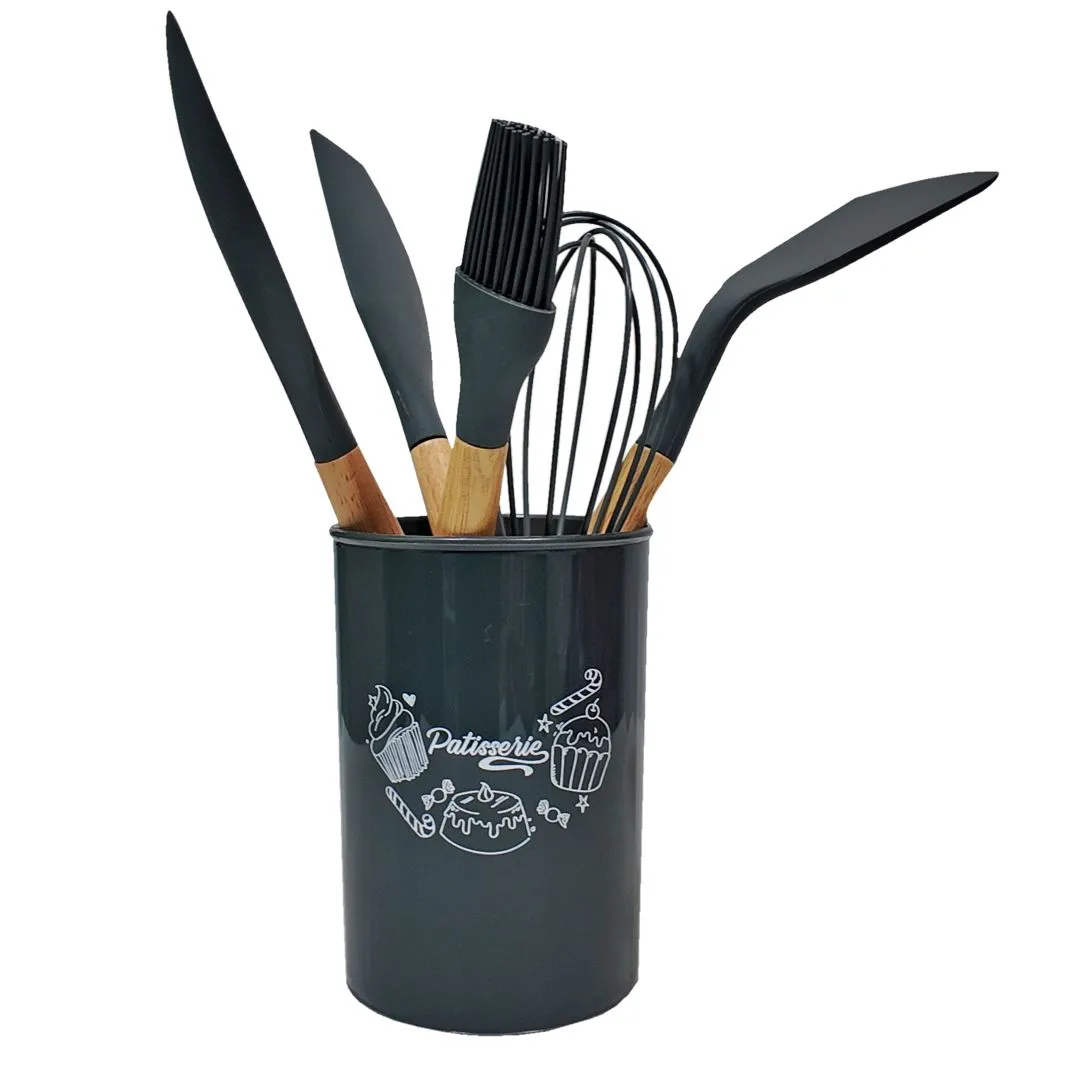 CJ 5 UTENSILIOS PARA COZINHA DE SILICONE COM SUPORTE CINZA