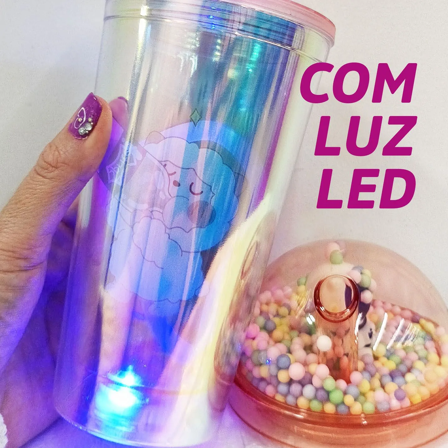 COPO COM LED, TAMPA BOLHA E CANUDO 450ML