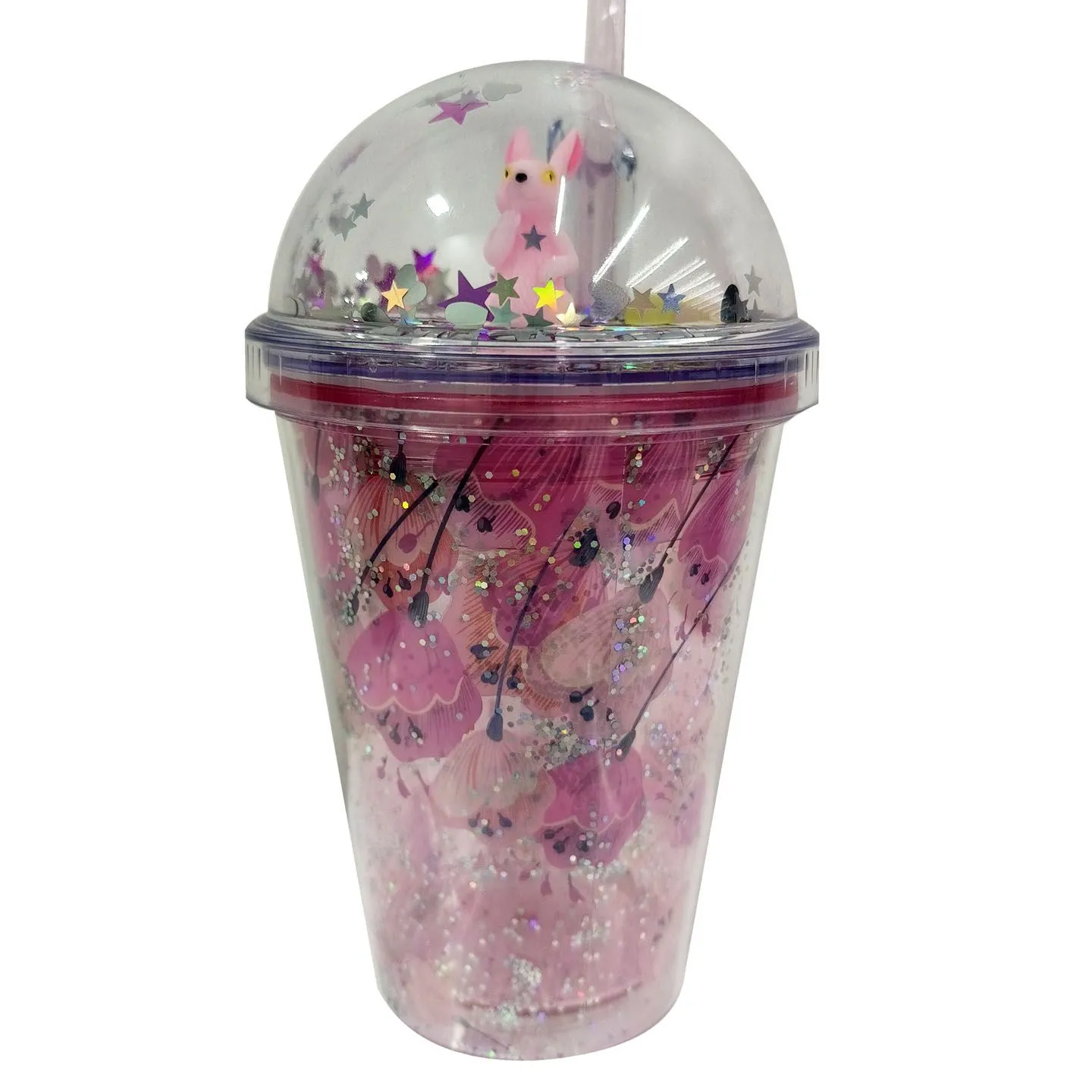 COPO ACRÍLICO ROSA COM TAMPA BOLHA E  CANUDO - 350ML 