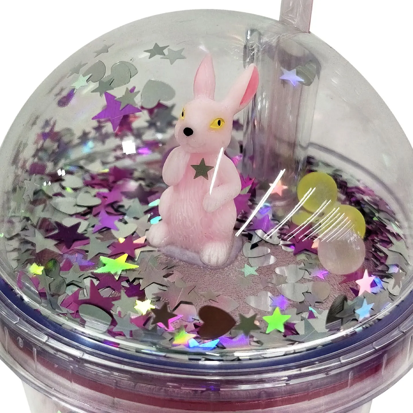 COPO ACRÍLICO ROSA COM TAMPA BOLHA E  CANUDO - 350ML 
