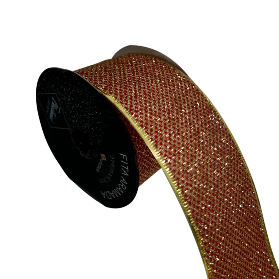 FITA ARAMADA GRADE VERMELHO DOURADO COM GLITTER 6,3CM X 9,14M