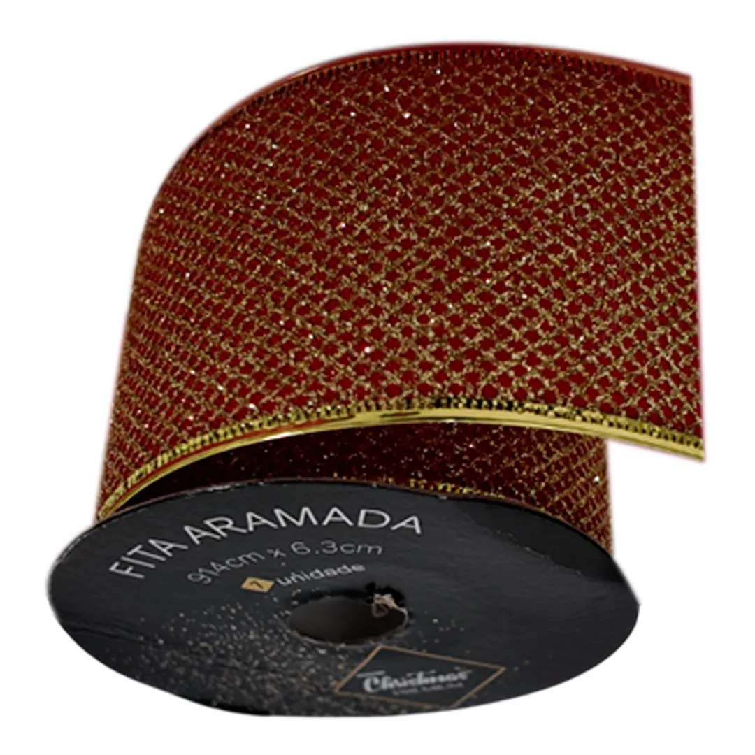 FITA ARAMADA GRADE VERMELHO DOURADO COM GLITTER 6,3CM X 9,14M