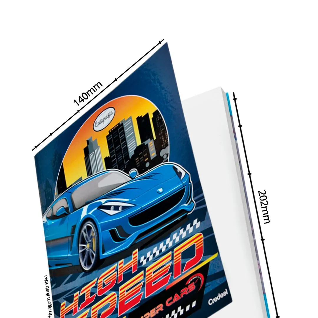 CADERNO BROCHURA 1/4 COSTURADO CAPA DURA 48 FOLHAS SUPER CARS