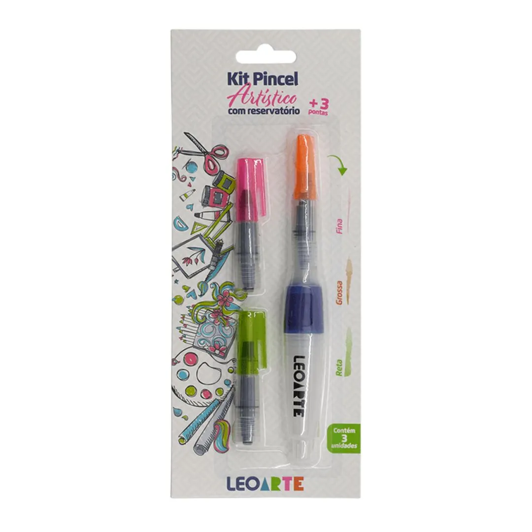KIT PINCEL ARTISTICO COM RESERVATORIO COM 3 PONTAS BLISTER LEOARTE