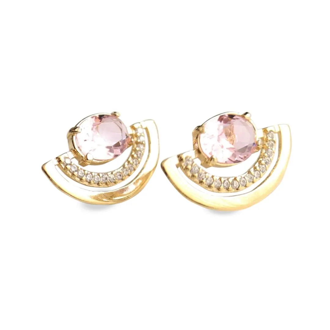BRINCO LUA DOURADO COM PEDRA ROSA CLARO 