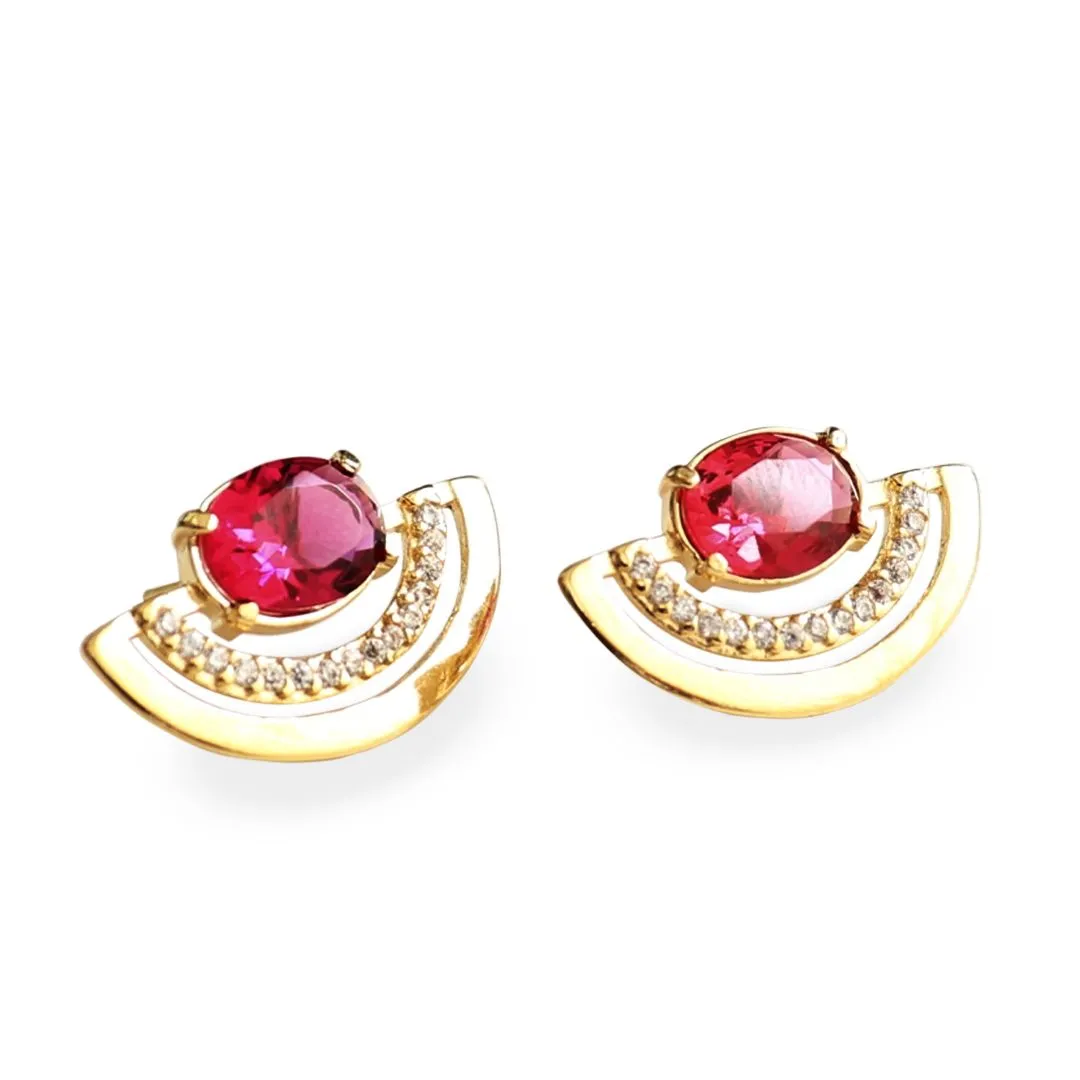 BRINCO LUA DOURADO COM PEDRA ROSA 