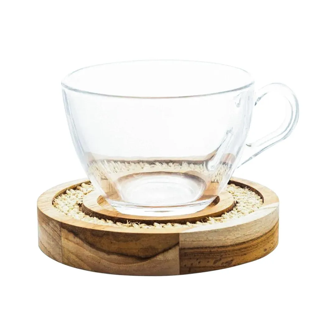 CONJUNTO 6 XÍCARAS C/PIRES MADEIRA TECA COM SISAL 190ML