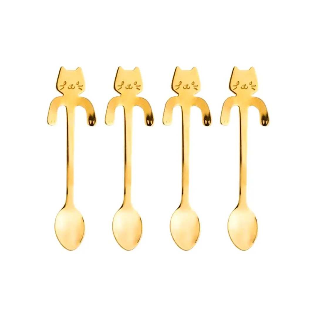 CONJUNTO 4 COLHERES AÇO INOX P/CHÁ CAT DOURADO